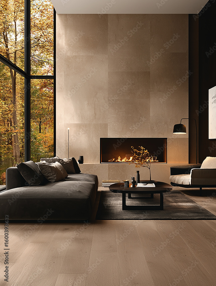 Fototapeta premium Cozy Fire-lit Living Room Modern Home Interior Design Autumn Ambiance Wide Angle View Comfort and Serenity