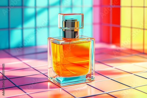 Clear glass perfume bottle with amber liquid on a colorful surface.