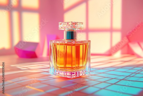 Amber perfume bottle in a vibrant setting.