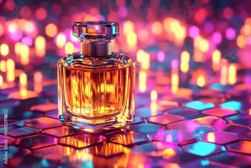 Amber perfume bottle on a vibrant, glowing surface.
