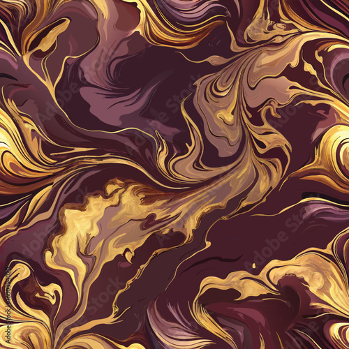 Seamless pattern of Rich burgundy and gold swirls abstract background with marbling effect and fluid art texture