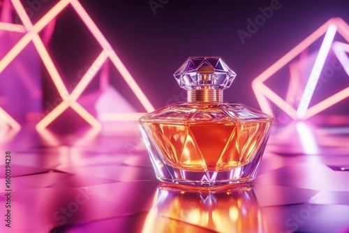 Stylish perfume bottle on a vibrant surface.