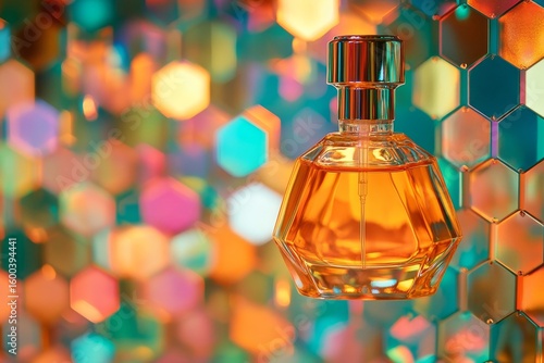 Geometric perfume bottle against a backdrop of colorful hexagons.