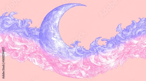 A crescent moon is floating above decorative pastel clouds
