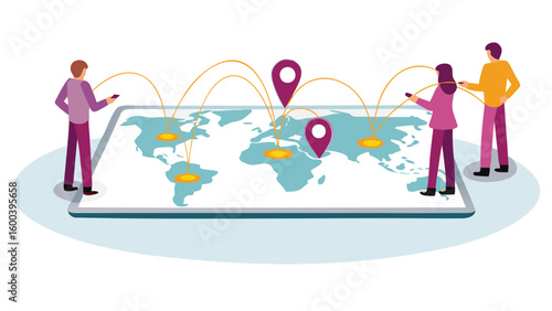 People connecting globally using smartphones on a large world map with location markers and connecting lines