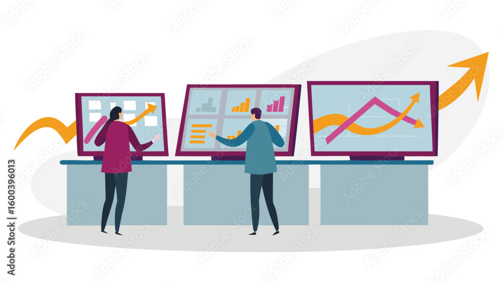 Fototapeta premium Two people analyzing financial data on multiple screens displaying upward trending graphs and charts