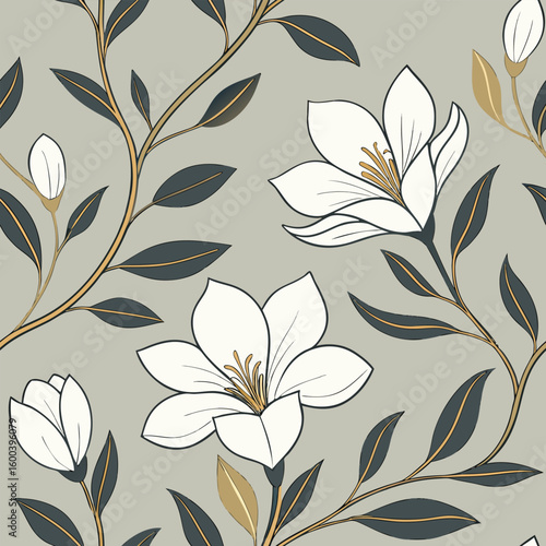 Elegant seamless pattern featuring white magnolia flowers and dark leaves on a muted grey background with gold accents