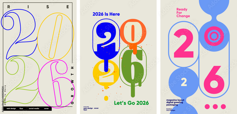 Fototapeta premium Creative 2026 posters with outlined and dripping number styles, playful layouts, and upbeat messages like “Let’s Go” and “Ready for Change” for flyers, covers, and greetings.