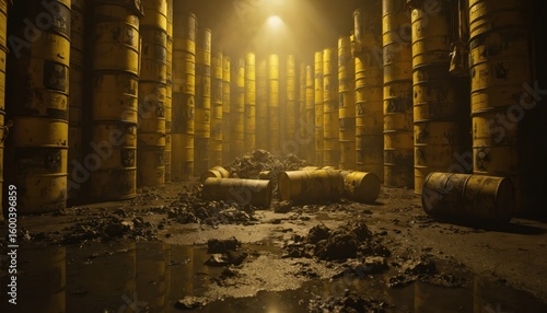 Rows of yellow radioactive waste barrels stored underground. Nuclear waste repository contains hazardous, toxic, poisonous, chemical materials in drums. Environment protection, industrial