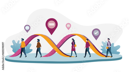 People walking on a path with markers representing progress and achievement in a collaborative journey