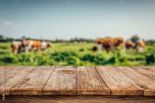 Wooden table foreground blurred cows in green field background