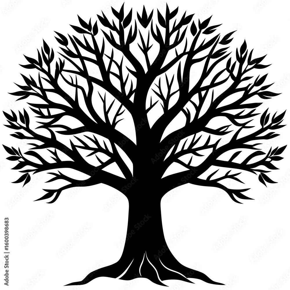 Fototapeta premium Stylized Tree with Leaves and Branches in Black Silhouette