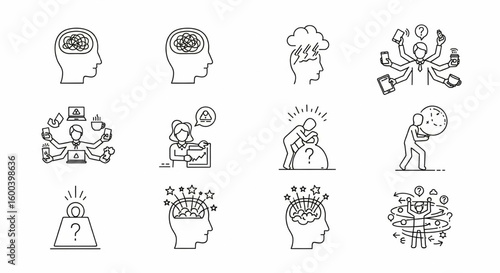 Overwhelmed and Stressful Situations Line Icon Set – Vector Anxiety, Pressure, Multitasking, Confusion Symbols