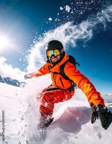 A snowboarder carves through fresh powder on a sunny, snow-covered mountain slope, smiling.