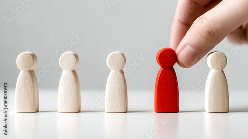 Hand placing a red wooden figure among white figures representing selection