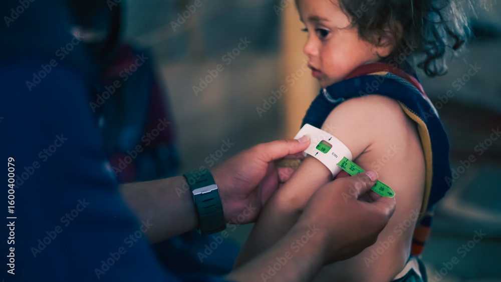 Αυτοκόλλητο A doctor examines children's malnutrition inside a refugee camp