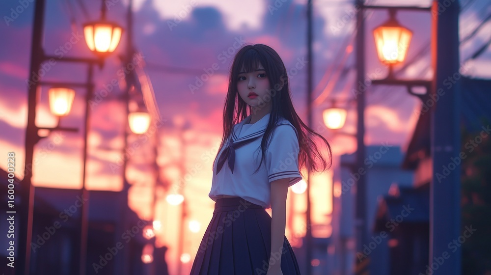 Fototapeta premium Young woman in school uniform sunset cityscape