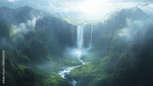 Majestic Waterfall Flowing Through Lush Green Mountain Valley