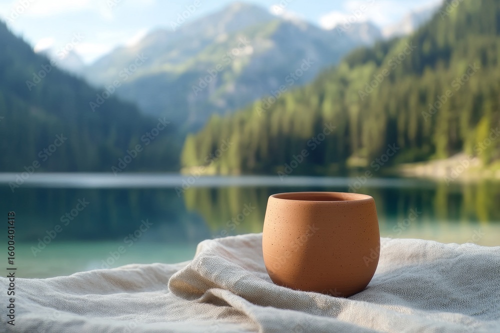 Fototapeta premium Terracotta cup rests on a linen cloth by a lake.
