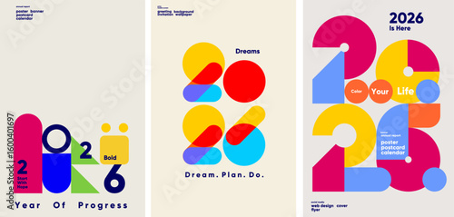 Cheerful and modern 2026 posters with geometric shapes and optimistic messages like “Start with Hope” and “Color Your Life,” perfect for calendars, banners, and digital greetings.