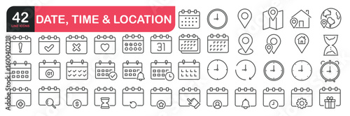 Set of line icons related to clock, calendar, location, reminder, address. Outline icons collection. Editable stroke. Vector illustration.