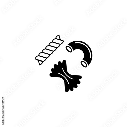 Vector icon featuring three classic pasta shapes: fusilli, farfalle, and macaroni