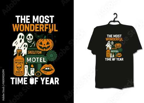 The Most Wonderful Time of Year T-Shirt Design Featuring Halloween Motel Theme with Ghosts, Skull, Poison Bottle, Spider Web and Festive Typography on Black Fabric Mockup