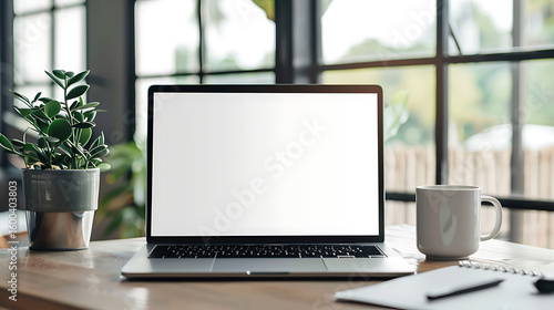 Laptop with blank screen on a wooden desk next to a plant and a mug in front of a window panes view
