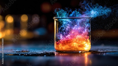 Colorful chemical reaction in a glass beaker