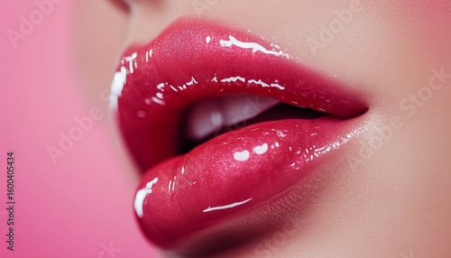 Closeup fresh and shiny lip gloss on female lip, liquid swatch on skin