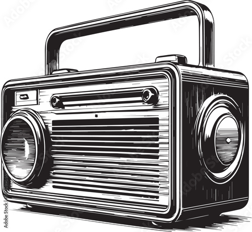 Full view of A highly detailed, Black and white, intricate vector engrave drawing of a radio