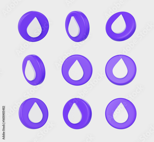 3d Purple circular buttons with a white droplet symbol in the center. 3D Illustration.