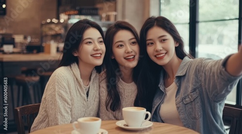 Smiling friends take selfie with coffee at a cafe, enjoying together