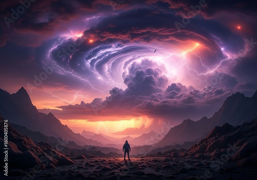 Facing the storm a lone figure silhouetted against a swirling tempest of lightning and awe with