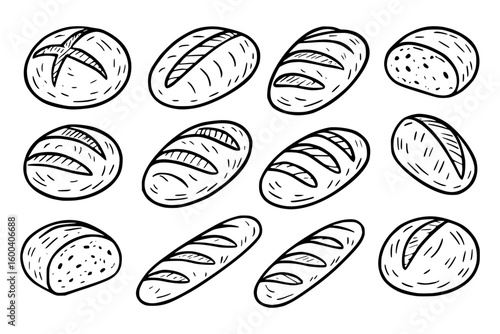 Hand Drawn Doodle Style Sourdough Bread Vector Collection - Rustic Bakery Loaves & Artisan Bread Set

