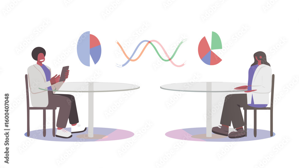 Fototapeta premium Two people at tables with pie charts and wavy lines representing data analysis and collaboration