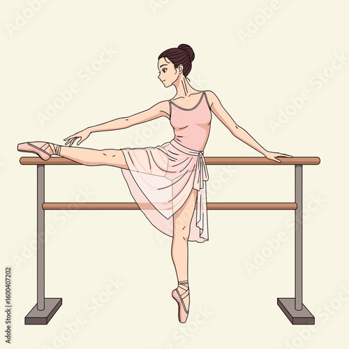 Young ballerina practicing ballet poses at the barre in studio  