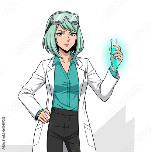 Animated female scientist holding a glowing test tube in lab coat  