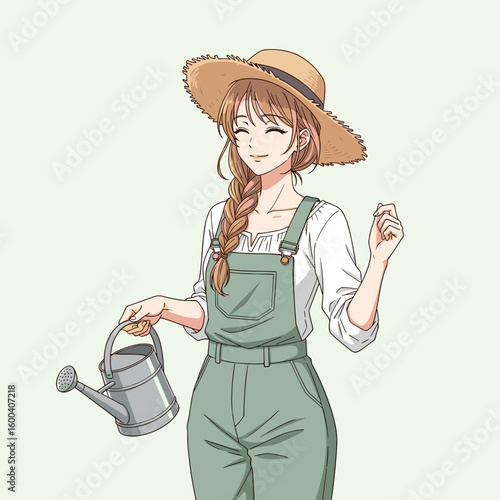 Young woman smiling while holding a watering can in garden outfit  