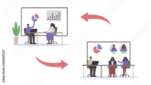 Illustration of a hybrid meeting with in person and remote participants sharing data analysis charts