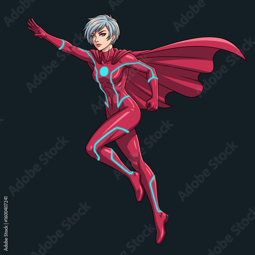 Female superhero soaring confidently in sleek red costume with cape  