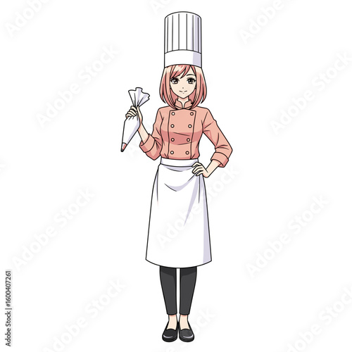 Female chef holding a piping bag and wearing a chef's hat  