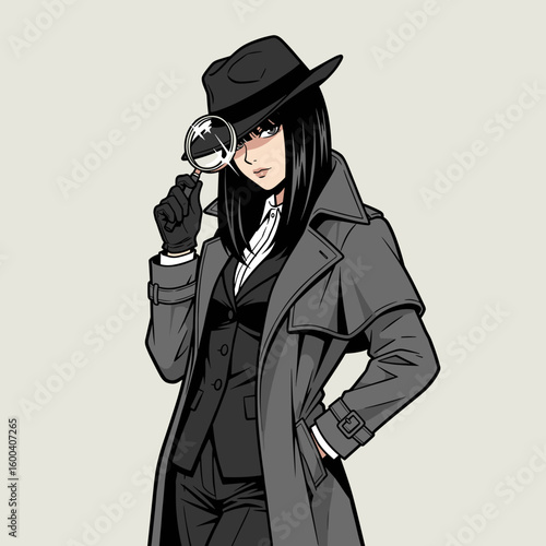 Detective woman in black hat and trench coat holding a magnifying glass  