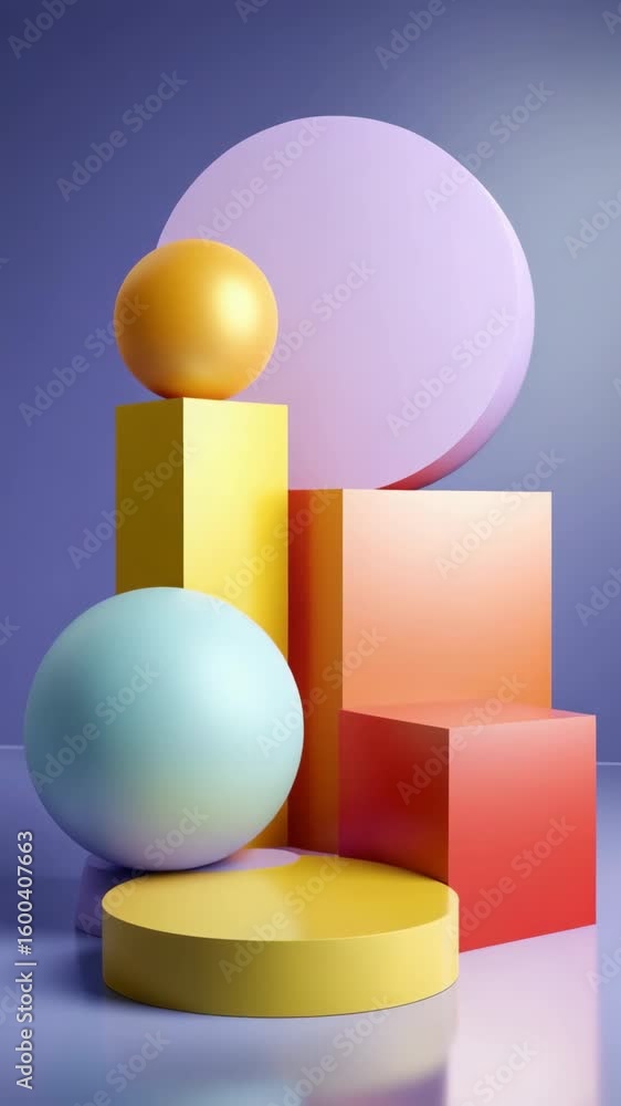 A colorful display of shapes and spheres, including a blue and yellow ball, is arranged on a purple background. The arrangement creates a sense of depth and dimension A colorful display of shapes and spheres, including a blue and yellow ball, is arranged on a purple background. The arrangement creates a sense of depth and dimension