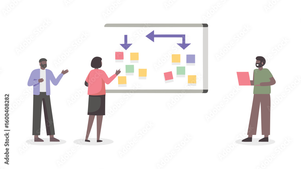 Fototapeta premium Three people collaborating on a whiteboard with sticky notes and arrows in a business setting scenario