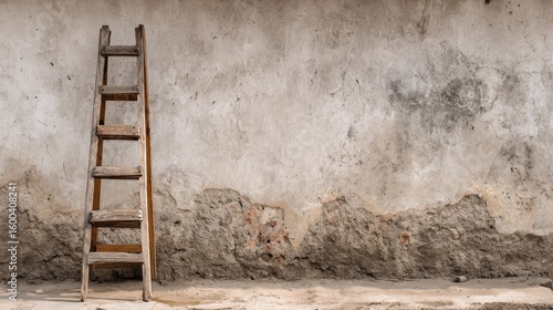 Rustic Wooden Ladder Against Weathered Wall
