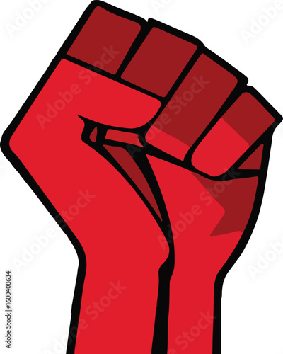 A stylized graphic illustration design of a clenched fist in bold red with black outlines
