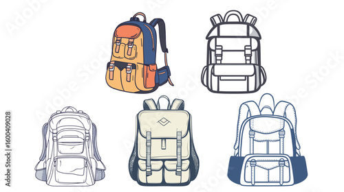 Line art vector illustration of a hiking backpack with multiple compartments and straps, designed for outdoor adventure, camping, trekking, and travel, featuring detailed minimalist style 