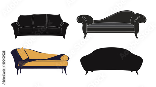 Lounge sofa silhouette vector graphic showing a modern comfortable seating furniture with clean lines and minimalist design, perfect for living room, relaxation, interior decor, and contemporary home 