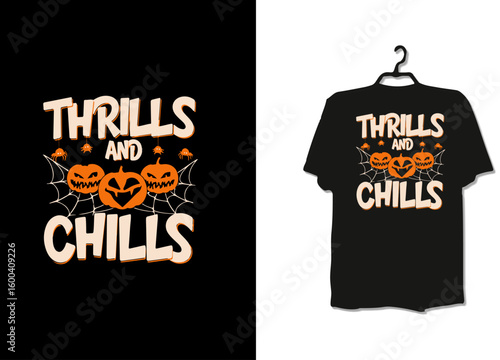 Thrills and Chills T-Shirt Design Featuring Halloween Typography, Smiling Pumpkins, Spider Webs and Bats on Black Fabric Mockup